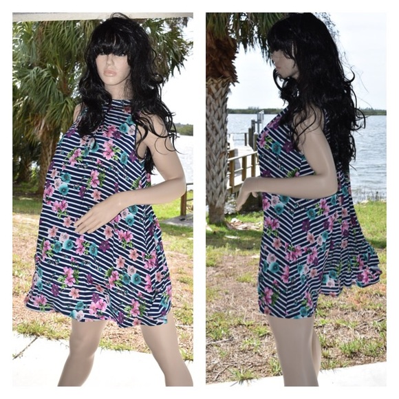 Navy Striped Floral Print Tank Dress w/ Keyhole - Picture 2 of 5